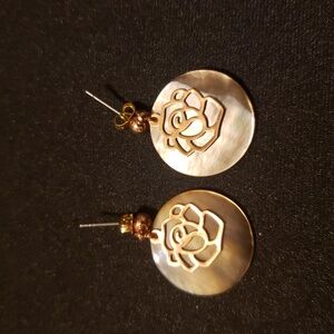 Circular Shell With Gold-Tone Cut-Out Rose Overlay Earrings.